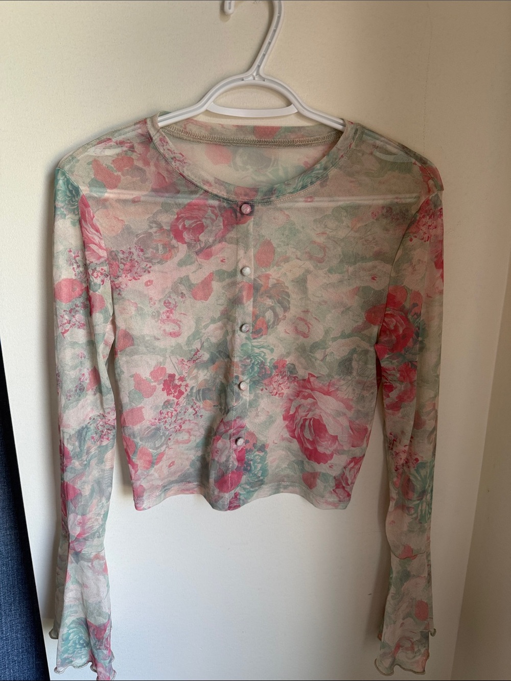Vintage Floral Mesh Long Sleeve Sheer Top Y2K Fairy Grunge